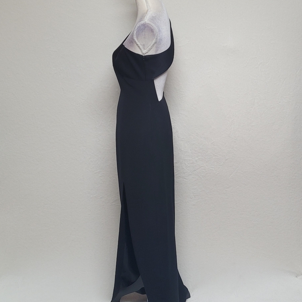 Vintage Andrea Polizzi Black Satin Crepe One-Shoulder Thigh Slit Backless Gown 6 - Picture 7 of 12